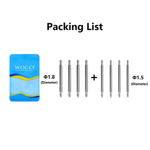 Packing list showing 20Mm Watch Band Spring Bars and Pins in solid stainless steel with 1.5mm and 1.8mm diameters.