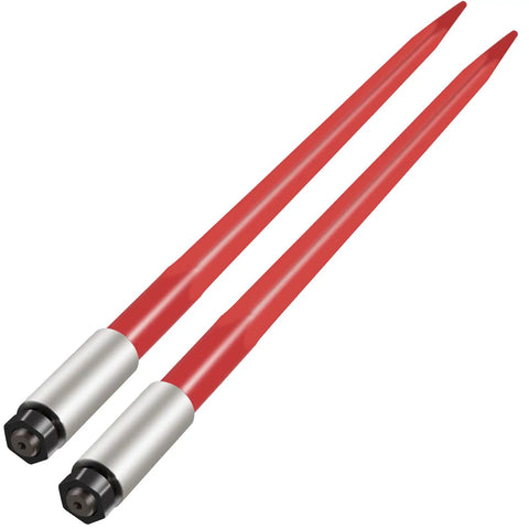 Two red Workhorse Heavy Duty 39 Inch Hay Bale Spear Quick Attach Spike 3000 Lb Capacity Square Bale Forks with hex nuts and sleeves.