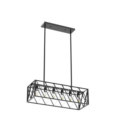 Rectangular Industrial Chandelier For Dining Room With Six E26 Lights, Black Metal Frame And Grille, Farmhouse Style Rectangular Ceiling Fixture, Durable Welded Steel, Modern Rustic Centerpiece