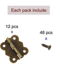 Sweet Antique Bronze Jewelry Box Hinges 12 Pack With Forty Eight Matching Screws Built Tough Solid Cast Iron Mini Cabinet Hardware, showing hinge and screw.