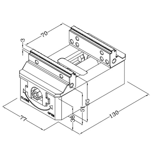 Self Centering CNC Vise for Milling Machine H77120 Precision Clamp with Disassemblable Steel Jaws 0.02mm Repeatability 130x77x65mm Size, dimension drawing
