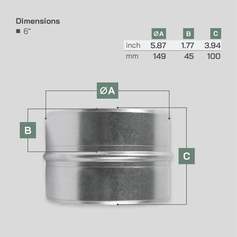 Durable 6 Inch Galvanized Steel Duct Connector For Round Vent Ducts, Metal Vent Coupler And Hose Adapter, Galvanized Pipe Connector For Easy Extensions, Secure Leak Free Fit With 6 Inch Ducting And PVC Or Aluminum Options, dimensions view