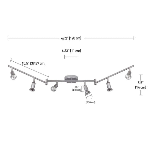 Payton 6 Light Foldable Track Lighting In Matte Silver With Pivoting Heads Minimalist Modern Fixture dimensions detailed view