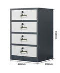 Blue Metal Office Storage Cabinet With Four Lockable Drawers And Adjustable Shelves, shown front view, mobile design for home and office use.
