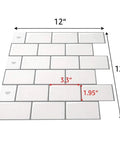 5 Sheet Peel And Stick Backsplash Tiles 12 By 12 Inch Subway 3D Wall Panels in White with Gray Grout, size details shown