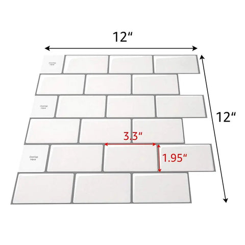 5 Sheet Peel And Stick Backsplash Tiles 12 By 12 Inch Subway 3D Wall Panels in White with Gray Grout, size details shown