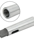 MT3 to MT2 taper drill sleeve reducing adapter; side view, silver metal body with through-hole and side slot.
