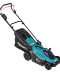 Smooth Operator 18V Li Ion Cordless Lawn Mower With 330mm Two Tooth Mulching Head viewed from the side with bag attachment.