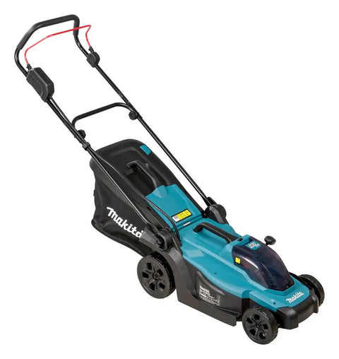 Smooth Operator 18V Li Ion Cordless Lawn Mower With 330mm Two Tooth Mulching Head viewed from the side with bag attachment.