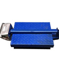 Heavy Duty Foldable Digital Floor Scale Delivering Straight Shooter Accuracy HD LCD Display And No Hassle Rechargeable Power For Luggage And Parcel Weighing Up To Six Sixty Pounds on blue textured platform.