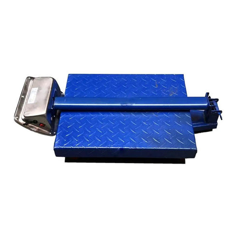 Heavy Duty Foldable Digital Floor Scale Delivering Straight Shooter Accuracy HD LCD Display And No Hassle Rechargeable Power For Luggage And Parcel Weighing Up To Six Sixty Pounds on blue textured platform.