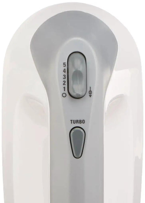 Top view of Lightweight Hand Mixer with Power Boost, 5 speeds, showing controls, ergonomic design, white finish MX1500W