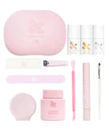 All In One Gel Mani Kit For At Home Nail Care With Pro Quality LED Lamp Gel Base Coat Gel Top Coat Peel Off Base Coat Cuticle Serum Remover Pot The Poppy Nail Tools Set showing complete kit components.