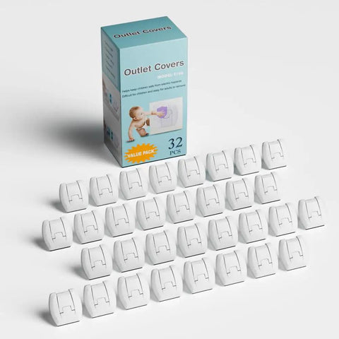 Kid Safe Outlet Covers 32 Pack With Hidden Pull Handle in white with box, child proof socket plugs displayed arranged neatly.