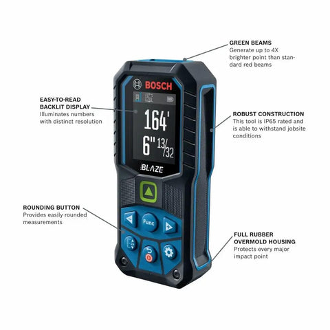 Blaze Green Beam Laser Measure Up To 165 Feet With Real Time Distance Reading, display shows measurements, rugged build.
