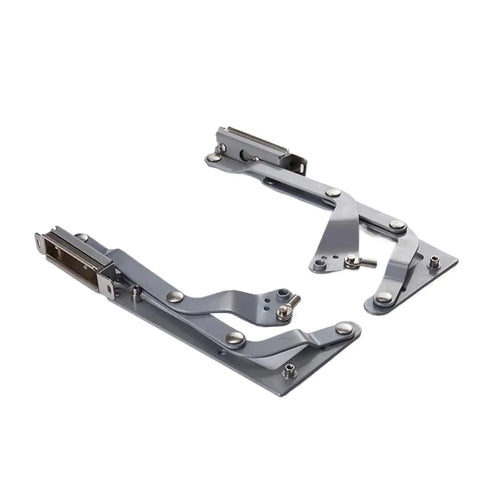 Air Operated Hinge Lift For Heavy Cabinet Doors With Translational Bracket Pneumatic Lift System shown in steel finish