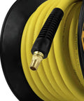 Heavy Duty Manual Hose Reel With Three Eighths Inch By Fifty Feet Rubber Air Hose Oil And Kink Resistant Close-Up With Bend Restrictor