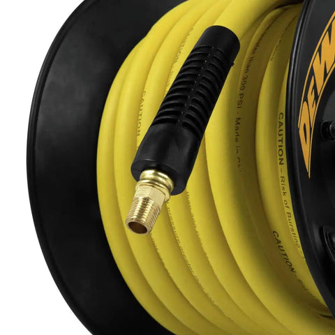 Heavy Duty Manual Hose Reel With Three Eighths Inch By Fifty Feet Rubber Air Hose Oil And Kink Resistant Close-Up With Bend Restrictor