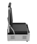 1800W Commercial Panini Grill Press With Stainless Steel Body And Cast Iron Plates, side view showcasing sturdy design.