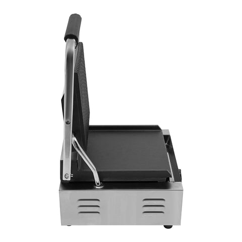 1800W Commercial Panini Grill Press With Stainless Steel Body And Cast Iron Plates, side view showcasing sturdy design.
