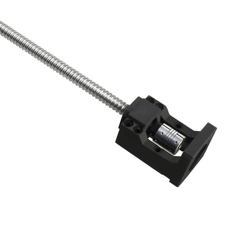 Side view of black steel NEMA 23 motor mounting bracket with clamp and threaded lead screw rod.
