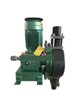 Front view of heavy duty diaphragm metering pump with precise fluid dosing for chemical processing and water treatment applications.