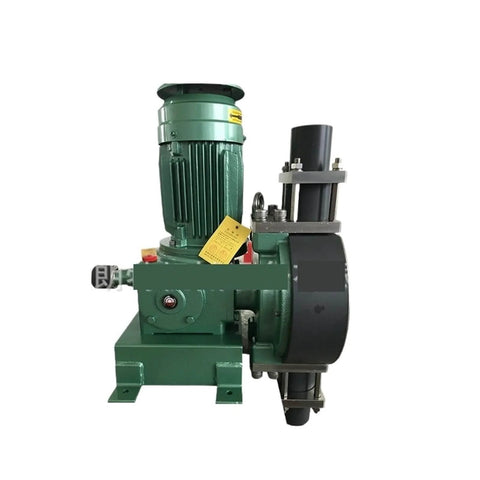 Front view of heavy duty diaphragm metering pump with precise fluid dosing for chemical processing and water treatment applications.