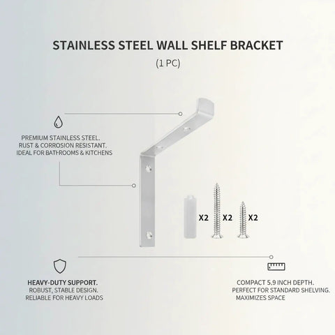 Rock Solid Stainless Steel Wall Mount Bracket for 5.9 Inch Shelves with screws, shown in diagram with details.