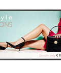 Next Level 55 Inch Outdoor LCD Display Cranked Out With Full HD Vibes showcasing a stylish model with a handbag.