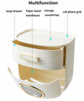 Open view of durable waterproof wall mounted tissue box holder showing compartments for storage and rolls up to 19 cm, green.