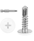 Top Shelf Quick Grip Self Drilling Screws Size Eight Length Half Inch 100 Piece Kit With Phillips Bit displayed with screw and bit.