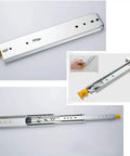 Heavy Hauler Extension Drawer Slides With Glides Like Butter Rail Track And Security Lock Quiet Ball Bearing Mechanism for kitchen cabinets shown in detail.