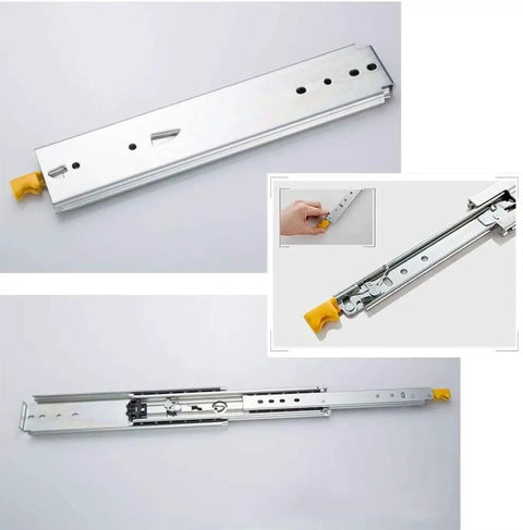 Heavy Hauler Extension Drawer Slides With Glides Like Butter Rail Track And Security Lock Quiet Ball Bearing Mechanism for kitchen cabinets shown in detail.