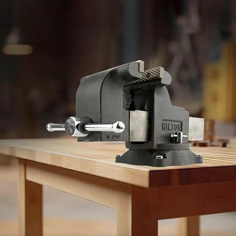 Heavy Duty Shop Bench Vise With 5 Inch Jaw Width And 5 Inch Opening, 3 Inch Throat, 360 Degree Swivel Base, Pipe Jaws