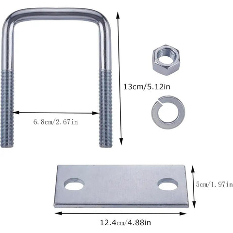 Heavy Duty Leaf Spring Clamp Kit 2 Pcs, Premium Tie Bolts Built To Lock Tight On 3 Inch Springs For Trucks Trailers And Off Road Rides That Rock. steel U-bolt set with plate, nuts, washers, 13cm x 6.8cm