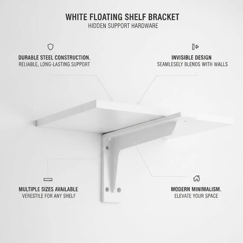 Hidden Wall Mount Floating Shelf Brackets In White Steel with durable construction and minimal design for seamless wall blending.