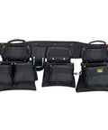 Pro Carpenter Tool Belt Set With 18 Pockets And 5 Piece XL Apron, Heavy Duty Ballistic Poly Fabric, in black, front view.