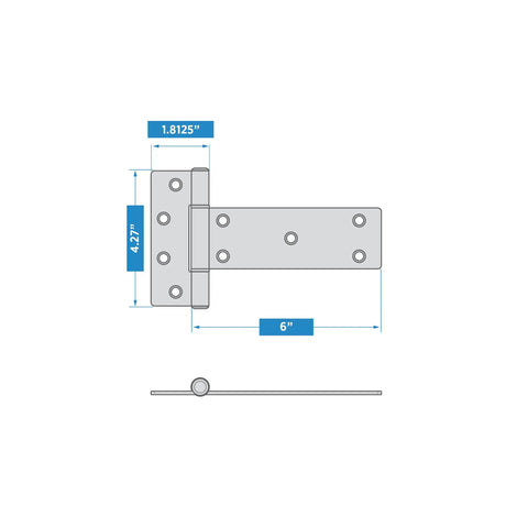Diagram of 6 Inch Industrial T Gate Hinges Set of Two With 48 Lbs Per Hinge Capacity WeatherGuard Black Finish.