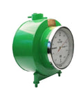Heavy Duty Water Flow Meter And Wet Gas Sensor For Industrial Volume Tracking Plus RV Water Heater, green metallic gauge with display.