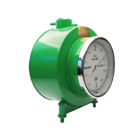 Heavy Duty Water Flow Meter And Wet Gas Sensor For Industrial Volume Tracking Plus RV Water Heater, green metallic gauge with display.
