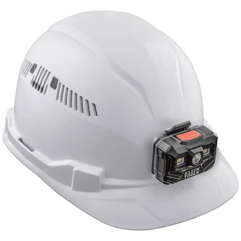 Hard Hat With Rechargeable Headlamp Mounts Front And Back Cap Style Vented Shell Padded Self-Wicking Odor-Resistant Sweatband White