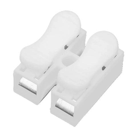 Flame Retardant Cable Clamp Terminal Block Wire Press Spring Set For Quick Connector 200 Pieces Easy Snap In No Drilling Required Safe And Firm Electrical Connections For Industrial Projects, showing white plastic clamp with metal connectors.