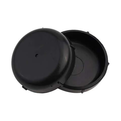 Black circular chair leg cap for protection, part of White Patio Furniture Glides 150 Pack Smooth Non Scratch Chair Leg Caps.