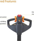 Close-up of ApolloLift Counterbalanced Electric Pallet Stacker control panel with lift buttons and emergency reverse button.