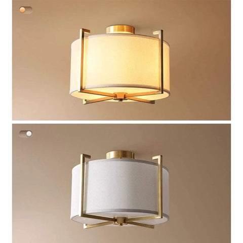 Dope Brushed Brass Four Light Flush Mount Ceiling Light With Drum Fabric Diffuser Mid Century Modern Indoor Ceiling Fixture