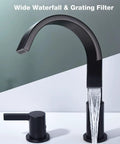 Matte Black 3 Hole 8 Inch Widespread Bathroom Faucet With Brass Lavatory Vanity Sink, Overflow Pop Up Drain, water flowing
