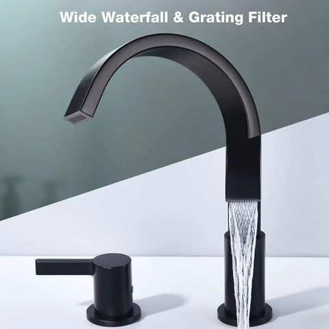 Matte Black 3 Hole 8 Inch Widespread Bathroom Faucet With Brass Lavatory Vanity Sink, Overflow Pop Up Drain, water flowing