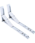 Two Pack Heavy Duty Steel Folding Shelf Brackets Wall Mounted White With Spring Loaded Design visible with adjustable arms