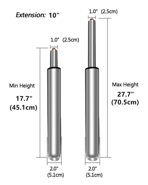 Diagram showing Beefy Adjustable Gas Lift Cylinder Tube for Bar Stools and Drafting Chairs Replacement Parts with dimensions.