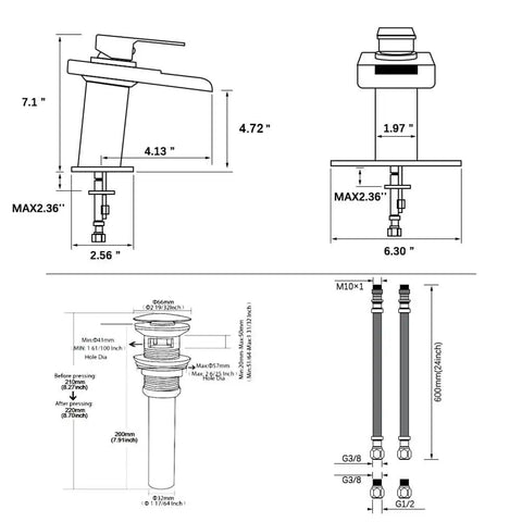 Technical diagram of LED Temperature Sensing Matte Black Waterfall Faucet For One Hole Sinks No Sweat Install Vanity Tap